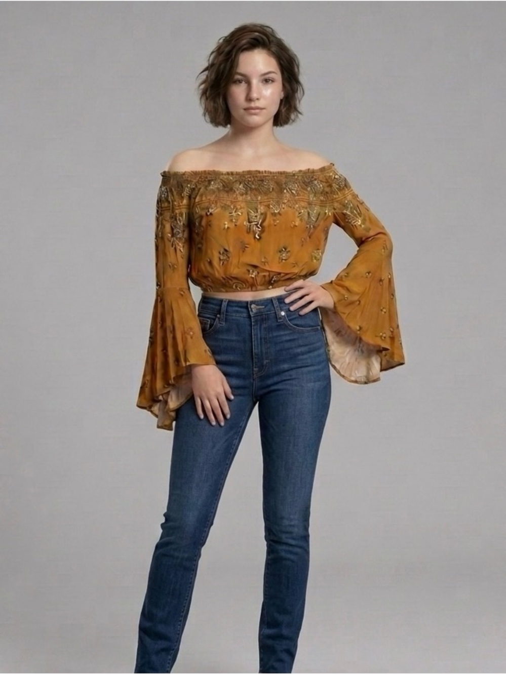 Iris Boho Mustard Floral Off The Shoulder Bell Sleeve Crop Top L